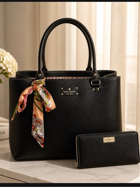 kate spade Handbags - kate spade Black Leather Tote with Floral Scarf and Matching Wallet